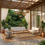 Dhifa teak wood sofa set with matching coffee table in a modern living