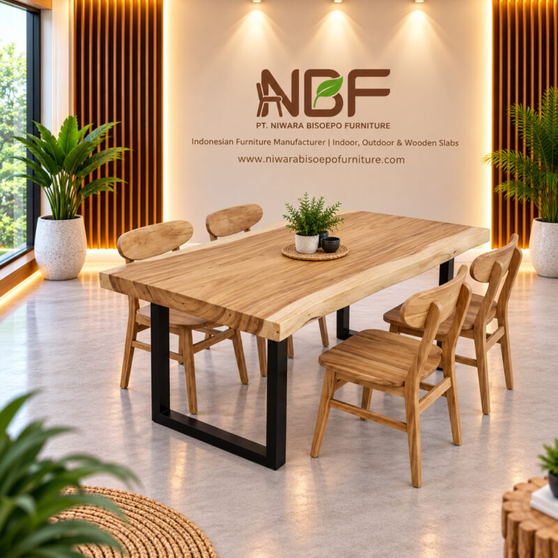 Dio Suar wood dining table set with Ropan teak chairs in the NBF furniture studio