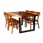 Dio Suar wood dining table with natural edges, black metal legs, and Ropan teak chairs