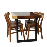 Dio Suar wood dining set with natural-edge tabletop, black metal legs, and teak chairs