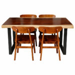 Dio natural-edge Suar wood dining table with black metal base and teak dining chairs