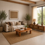 Dio teak wood oval coffee table paired with a beige sofa and natural woven rug