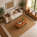 Dio oval teak coffee table styled in a minimalist modern living room