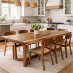 Solid Suar wood dining table with geometric legs in a bright kitchen
