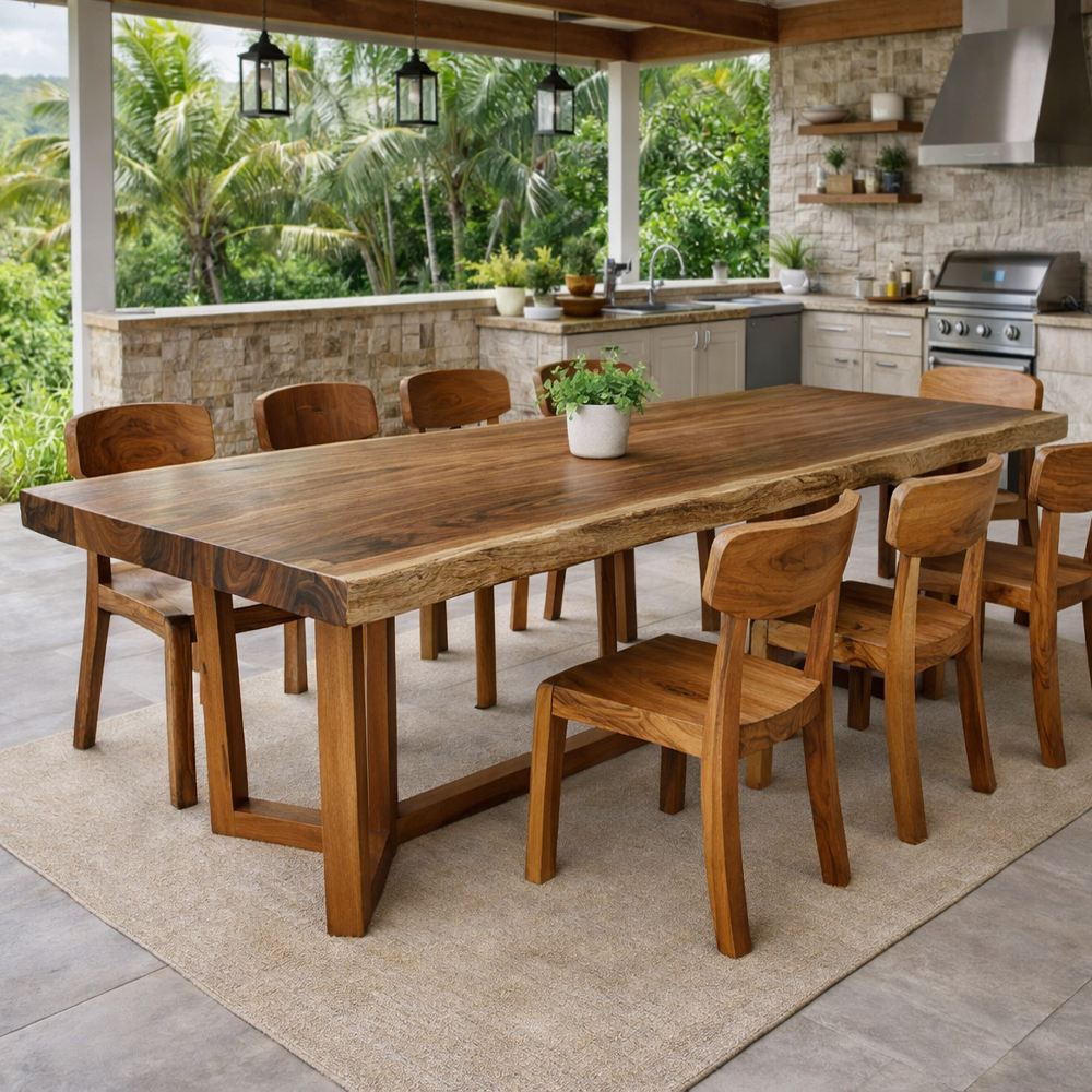 Fina solid Suar wood dining table in a covered semi-outdoor dining area