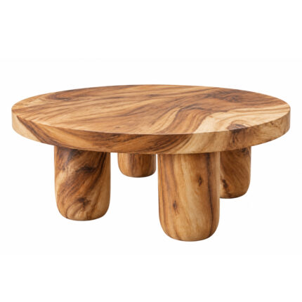 Front view of the Grainora round Suar wood coffee table with four sculptural legs