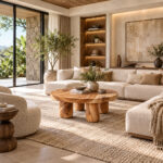 Grainora round Suar wood coffee table in a contemporary luxury living room