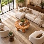 Top view showing the round tabletop and natural grain of the Grainora coffee table