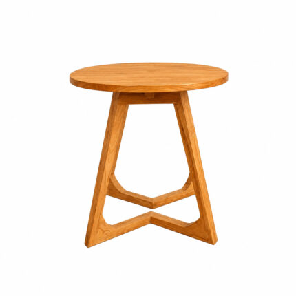 Solid teak round accent table with distinctive geometric Helix base