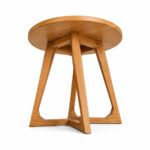 Solid teak Helix Round Table showing sculptural geometric base construction
