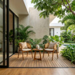 Natural solid teak Helix Round Table with chairs on modern outdoor patio