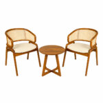 Natural teak Helix Round Table between two modern rattan chairs