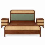Front view of the Jatenara bed featuring a walnut brown teak frame and woven rattan panels