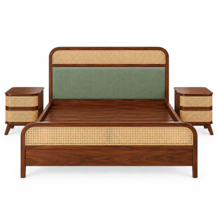 Front view of the Jatenara bed featuring a walnut brown teak frame and woven rattan panels