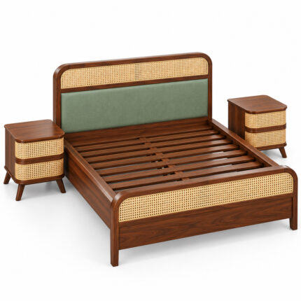 Jatenara solid teak bed with woven rattan panels and upholstered headboard in three-quarter view