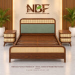 Jatenara solid teak and rattan bed displayed in the NBF furniture studio