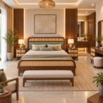 Jatenara teak and rattan bed styled in a luxury bedroom with warm wood interiors