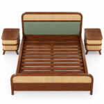 Top view of the Jatenara teak bed frame showing the wooden slats and rattan headboard