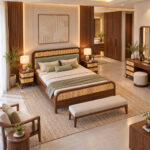 Overhead view of a teak wood bed with rounded frame and woven rattan panels in a bedroom