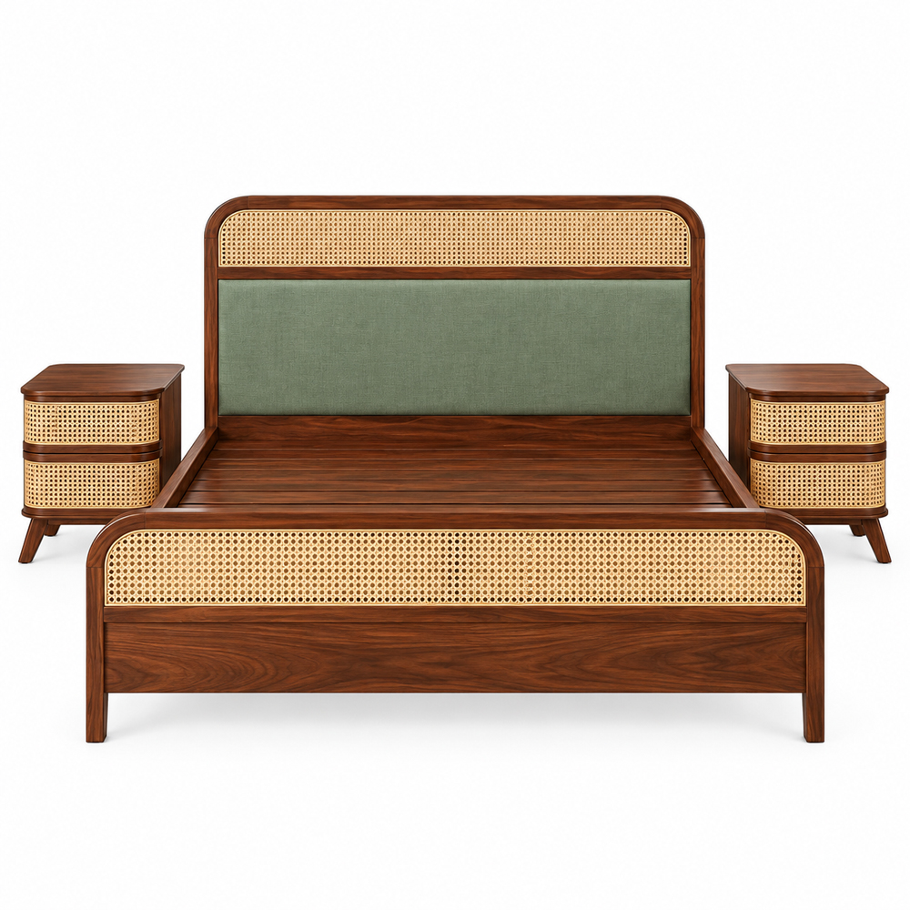 Jatenara Solid Teak & Rattan Bed Front view of the Jatenara bed featuring a walnut brown teak frame and woven rattan panels