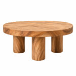Front angled view of the Kavana round suar wood coffee table highlighting its thick top and cylindrical legs