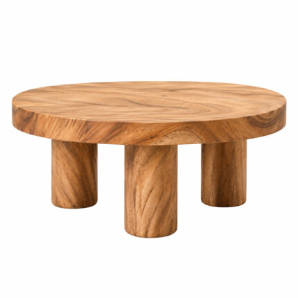 Front angled view of the Kavana round suar wood coffee table highlighting its thick top and cylindrical legs