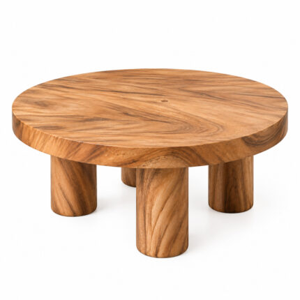 Round suar wood coffee table with a thick circular top and four cylindrical legs on a white background