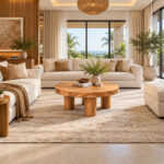 Round suar wood coffee table styled in a contemporary living room with a cream sofa