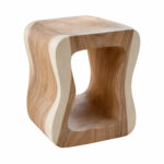 Lenggok Suar wood stool half front view showing natural wood grain and sculptural design