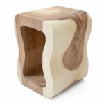 Lenggok Suar wood stool 45 degree view with curved solid wood design