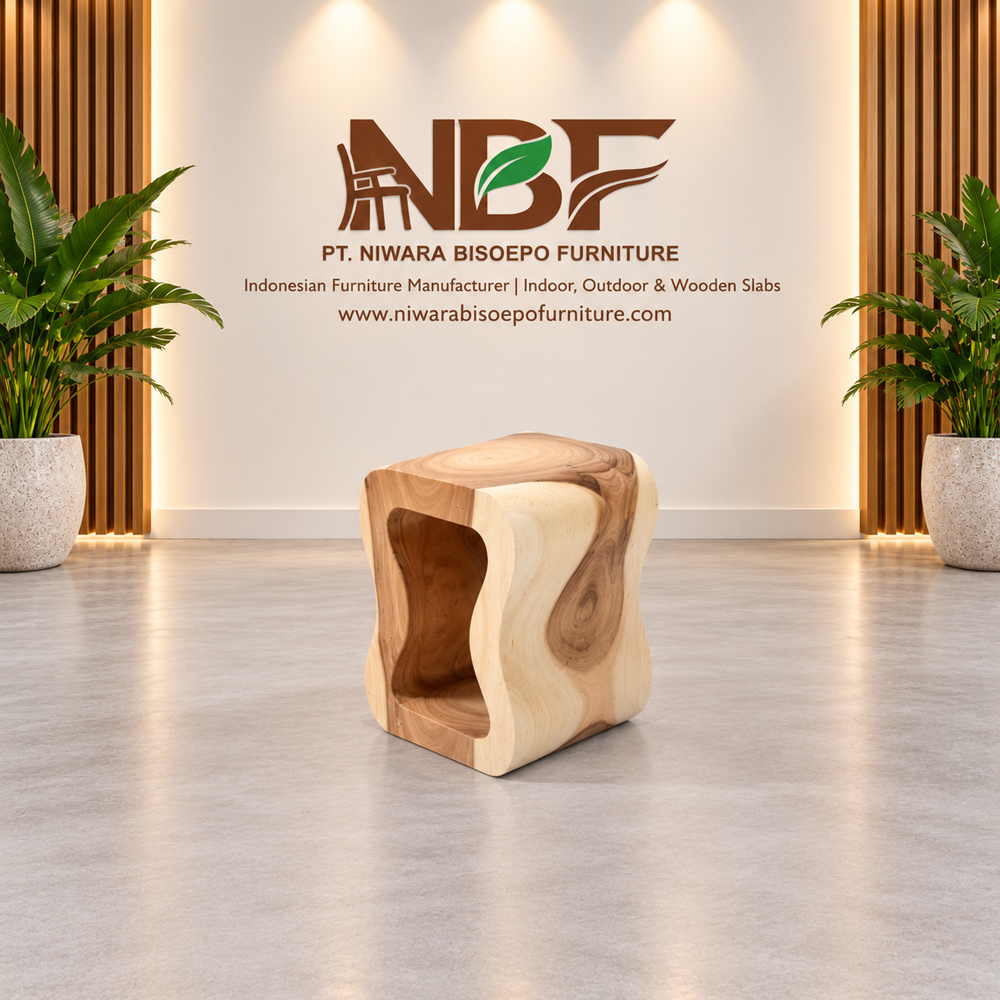 Lenggok Suar Wood Stool Studio NBF Lenggok Suar wood stool handcrafted by Niwara Bisoepo Furniture in Jepara Indonesia
