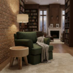 Log Slice Suar Wood Stool beside a green upholstered armchair in a traditional reading room