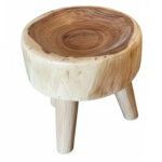 Front view of Log Slice Suar Wood Stool featuring a rounded wood body and three wooden legs