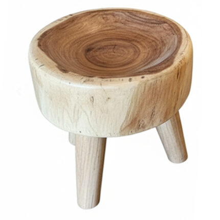 Front view of Log Slice Suar Wood Stool featuring a rounded wood body and three wooden legs