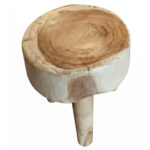 Side view of Log Slice Suar Wood Stool highlighting its rounded profile and three-leg construction