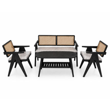 Malmo teak rattan living set black finish with oval coffee table