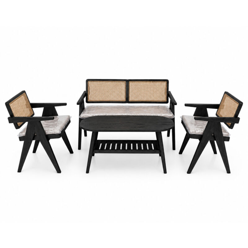 Malmo teak rattan living set black finish with oval coffee table