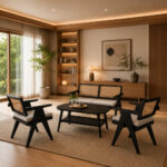 Full view of Malmo teak rattan sofa set with two armchairs and coffee table