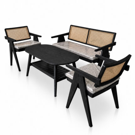 Front view of Malmo teak rattan living set in black finish