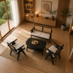 Malmo black teak wood sofa with woven rattan backrest and upholstered cushions