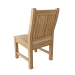 Rear view of NBF Arvella solid teak outdoor dining chair showing vertical wooden slats