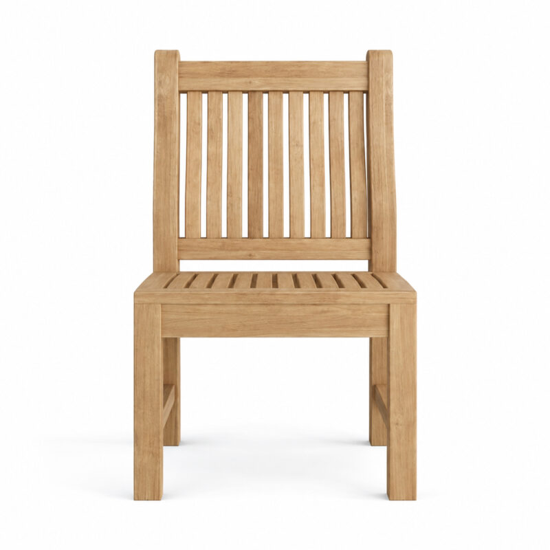 Front view of NBF Arvella solid teak garden dining chair with slatted seat and backrest