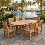 NBF Arvella solid teak outdoor dining chair paired with an oval teak dining table