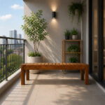 Natural finish teak slatted bench on a modern balcony
