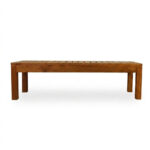 Front view of NBF teak slatted outdoor bench with straight square legs