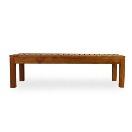 Front view of NBF teak slatted outdoor bench with straight square legs