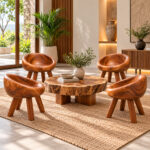 Organic Suar wood lounge chair in a contemporary living room
