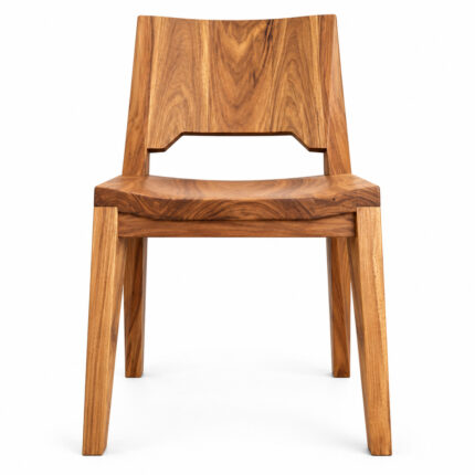Front view of Nara solid Suar wood dining chair highlighting its natural grain, solid seat, and open-back design