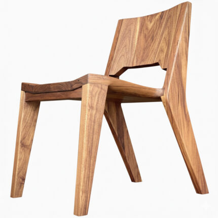 Full view of Nara solid Suar wood dining chair with sculptural backrest and angled wooden legs