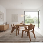 Nara solid Suar wood dining chair paired with a wooden dining table in a minimalist dining room
